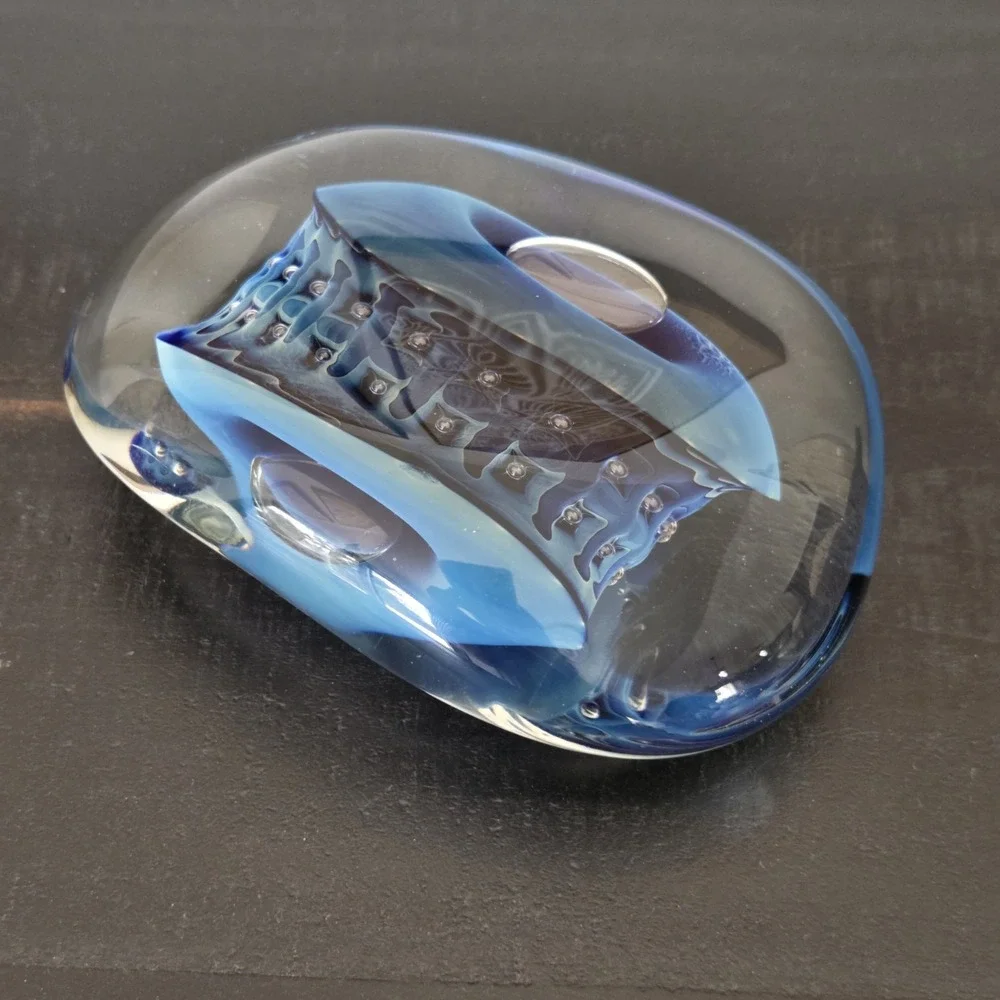 Robert Eickholt Blue/Black/Clear Reptile Series Mouth Blown Paperweight 1993